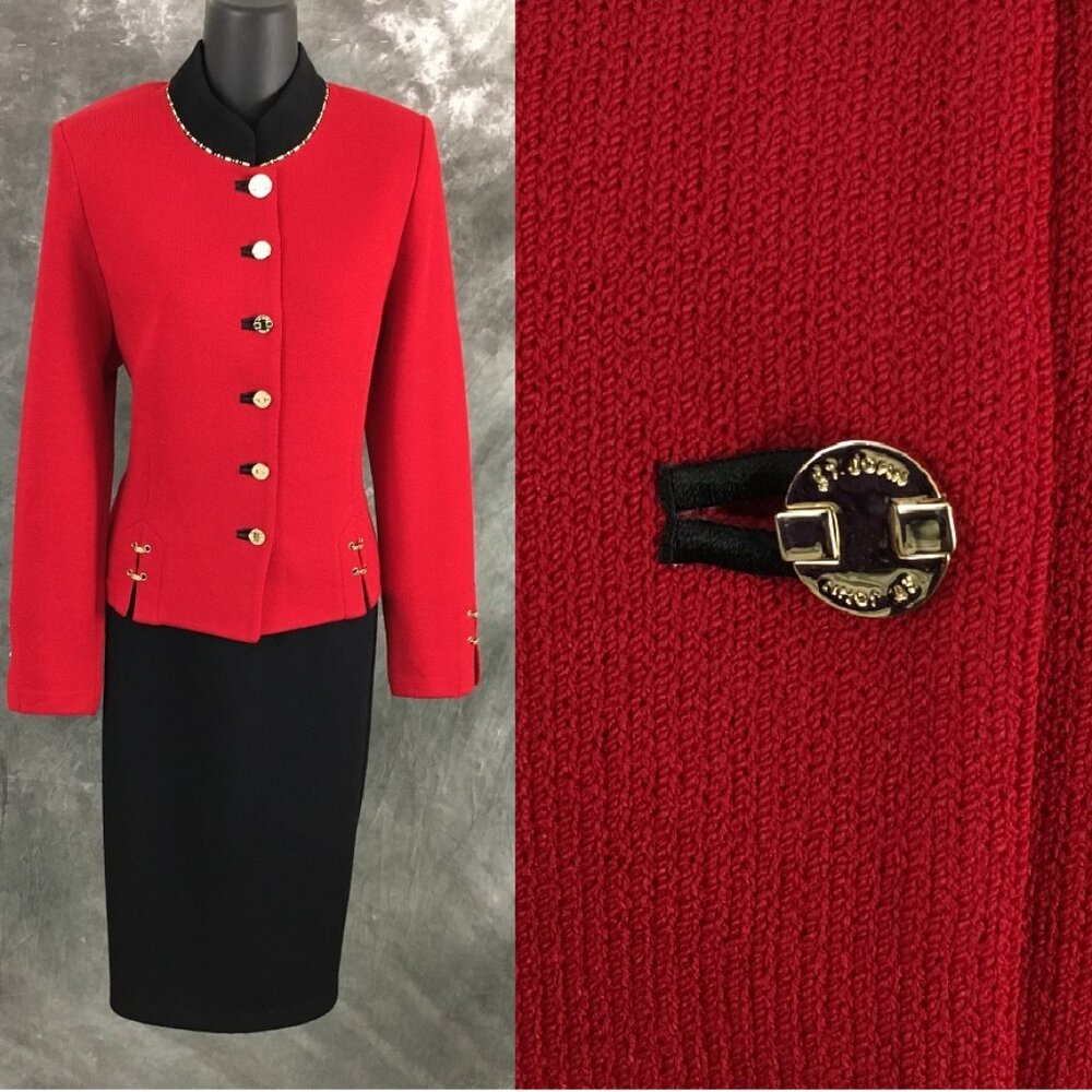 BEAUTIFUL St John collection knit red black multi jacket skirt suit size M 10